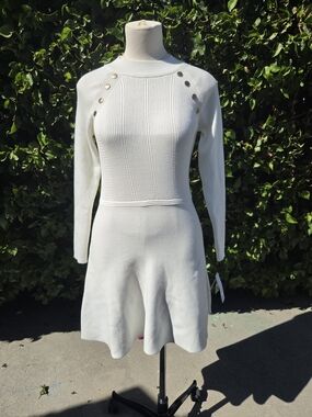 BCX Sweater Dress Women's Small Ivory Ribbed Knit Mock Neck Gold Buttons NWT
